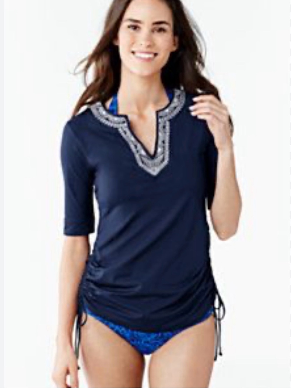 Lands' End Embroidered V-neck Convertible Ruched Rashguard